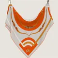 Silk-textured large triangular shawl with orange arrow patterns and earth tone accents - 180x130cm / Orange Red