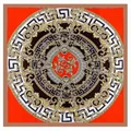 Pañuelo de seda francés de 90cm con motivo barroco rojo y dorado y borde de greca - 90cmx90cm / Caqui