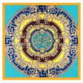 Pañuelo de seda estilo barroco con patrones geométricos azul y oro en vista plana - 90cmx90cm / Amarillo
