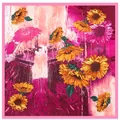 Luxury sunflower oil painting silk square scarf with vibrant pink and orange floral design - Pink