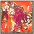Pañuelo de seda con pintura al óleo de magnolia blanca y paisaje naranja abstracto - Estilo de pañuelo cuadrado grande / Verde Militar