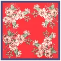 90cm floral silk scarf for women featuring red rose patterns and navy blue borders - Red