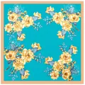 90cm square silk scarf with yellow floral print on lake blue background for women - Lake Blue