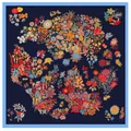Franse vintage vierkante sjaal met bloemenkaart in marineblauw en lichtblauwe rand 130cm - Grote maat / Donkerblauwe Bloemen