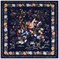 Pañuelo cuadrado de seda azul marino 130cm con estampado vintage de aves y rosas - Azul Marino Floral Pájaro