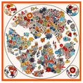 Franse vintage zijden sjaal 130cm met bloemenwereldkaart en opvallende oranje rand - Grote maat / Crème Bloemenkaart