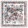 Pañuelo de seda francés con pájaros y rosas, chal grande de sarga de 130 cm con flores - Blanco Artístico Floral Pájaro