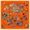 Franse vintage zijden vierkante sjaal met bloemen wereldkaart dames in oranje - Grote maat / Oranje Bloemenkaart