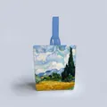 Detail of Van Gogh Wheat Field with Cypresses art print on canvas tote bag with blue strap - Wheatfield with Cypresses