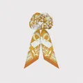 Elegant equestrian style silk scarf scrunchie featuring horse bit and belt patterns - Orange Beige Equestrian Pattern (4)