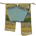 Détail du foulard en soie Van Gogh La Moisson avec bords roulés jaunes sur une branche - Van Gogh La moisson