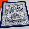 Classic 90cm silk scarf with navy blue geometric equestrian print and hand-rolled edges - Hand Rolled Style / Navy Blue