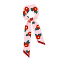 Pink silk skinny scarf with floral camellia print and striped edges for hair or bags - Pink With Red Camellia
