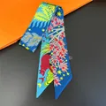 Artistic jungle animal silk scarf ribbon featuring red bears and birds on blue base - Blue Illustration (C267-1)