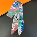 Floral jungle animal print long silk scarf with pink and green botanical patterns - Pink Blue Starry (C267-3)