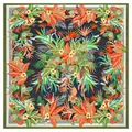 Pañuelo de seda francés con flores de hibisco tropicales y mariposas chal cuadrado 130cm - Centro Negro