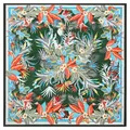 Pañuelo de seda de 130cm con estampado botánico de hojas tropicales y mariposas - Centro Verde