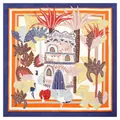 Carré de soie de 130cm avec motifs de plantes et architecture peints à la main - Bleu marine