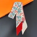 Floral print narrow silk scarf twilly in cream with red flowers on orange background - Red Flowers Green Leaves Dynamic Stripes (C270-2)