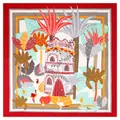 Hand-painted 130cm large silk scarf with flamingos, palm trees and exotic buildings - Red