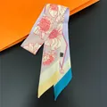 Floral print thin ribbon scarf with G logo on orange and gray fashion background - C270-4 / 90cm