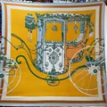 Detail of elegant European royal carriage print on thick yellow silk-like square scarf - Yellow