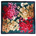 90cm dark green silk scarf with vibrant floral patterns and blue hemmed edges - Dark Green