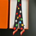 Polka dot silk skinny scarf with geometric borders and premium orange gift box - Black Multicolor Polka Dot Style (C286-1)