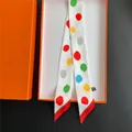 Polka dot skinny silk scarf in luxury orange gift box for hair or handbag handle styling - White Multicolor Polka Dot Style (C286-2)