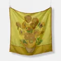 Artistic Vincent van Gogh Sunflowers silk scarf displayed hanging on a white wall - Van Gogh Sunflowers