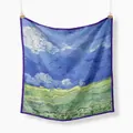 Van Gogh oil painting silk scarf with landscape print and purple border detail - Oil Painting Wheat Field Style (5370)