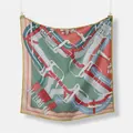French vintage silk scarf with horse harness pattern and gold trim on white background - 53x53cm / Khaki