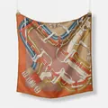 Elegant equestrian horse bridle pattern square silk scarf in orange and beige tones - 53x53cm / Brown