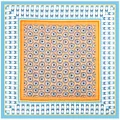 Pañuelo de seda 130 cm con diseño de girasol geométrico en azul y naranja de mujer - Borde Azul Naranja