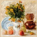 Van Gogh style still life oil painting scarf featuring white vase with yellow flowers - One Size / Van Gogh Vase And Fruit