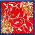 Red 90cm square silk scarf featuring luxury chain and colorful feather patterns - Red