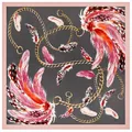 Silk feel square scarf with elegant gold chain and colorful feather print pattern - Gray