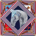 Europäisches Vintage-Seidentuch mit geometrischen Streifen und Pferdekopf-Muster - Marineblau / 130cm