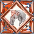Retro-Seidenschal mit geometrischem Pferdekopf-Print und klassisch orangefarbenem Rand - Kaffeebrauner Rand / 130cm
