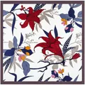 Vintage floral silk scarf with large red lilies and navy blue leaves for women, 130cm square - Square (130cm) / Off White