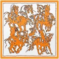 Elegante zijden sjaal in het vierkant met oranje paardenmotieven en een gekleurde rand - 90x90cm / Oranje