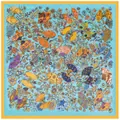 Sky blue 90cm square silk scarf with floral fan patterns and bright orange hem - Sky Blue