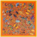 Luxurious 90cm silk square scarf with vibrant orange floral fans and ornate patterns - Orange