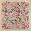 Detail of bohemian paisley pattern and floral border on a champagne square scarf - Khaki