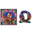 Tiger pattern square silk scarf with floral feathers and vintage box on navy background - Blue