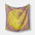 Detail of grey-pink silk scarf with moon and star astronomical print and blue edges - 53cmx53cm / Gray Pink Yellow Moon Starry