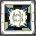 Sciarpa estiva in seta con stampa floreale e motivi a nappe in blu e verde classici - 130cmx130cm / Nero