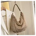 Furry light brown shoulder tote bag with plush faux fur texture and dark brown leather strap - With Pendant / Khaki