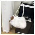White faux fur plush shoulder bag with brown bear pendant and leopard bow detail - With Pendant / White