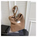 Brown faux shearling tote bag with SEEYOU embroidery patch and soft plush texture - One Size / Brown